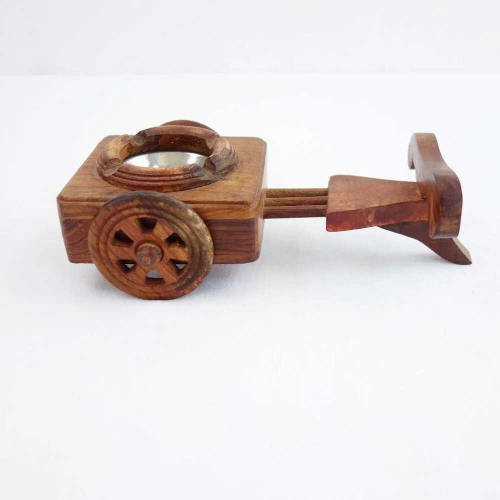 Vintage Handcrafted Small Wooden Oxen Cart‎ Ashtray